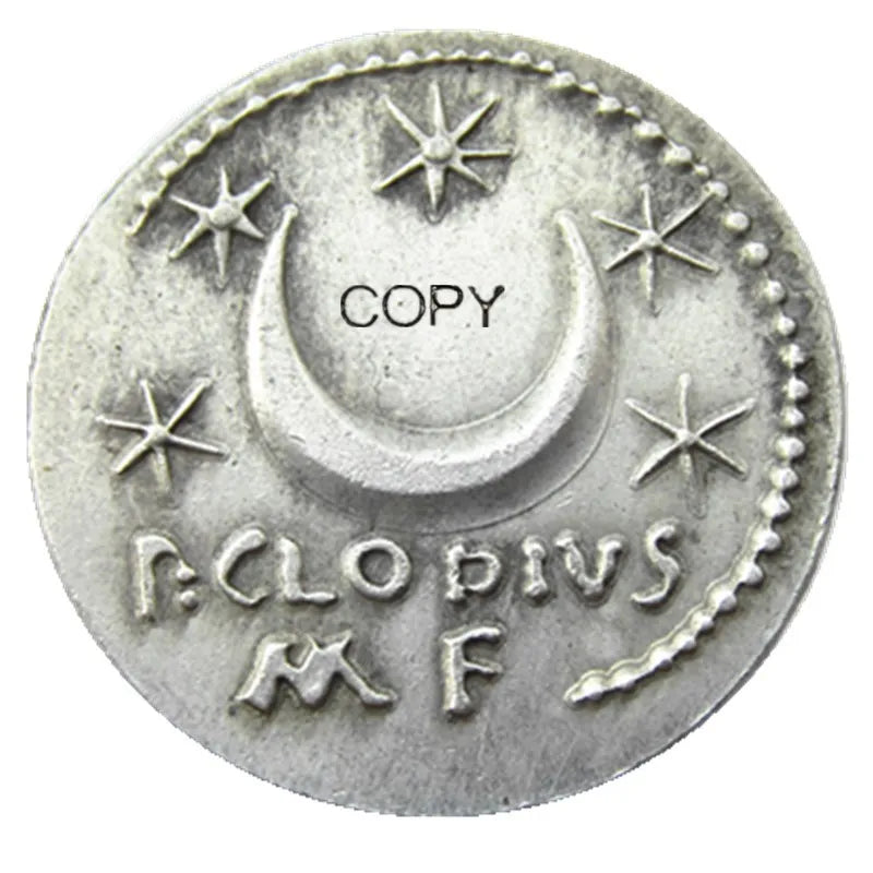Roman Republic Denarius Replica – Sol Radiate & Crescent with Stars (42 BC, P. Clodius M.f.)