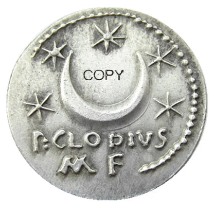 Roman Republic Denarius Replica – Sol Radiate & Crescent with Stars (42 BC, P. Clodius M.f.)